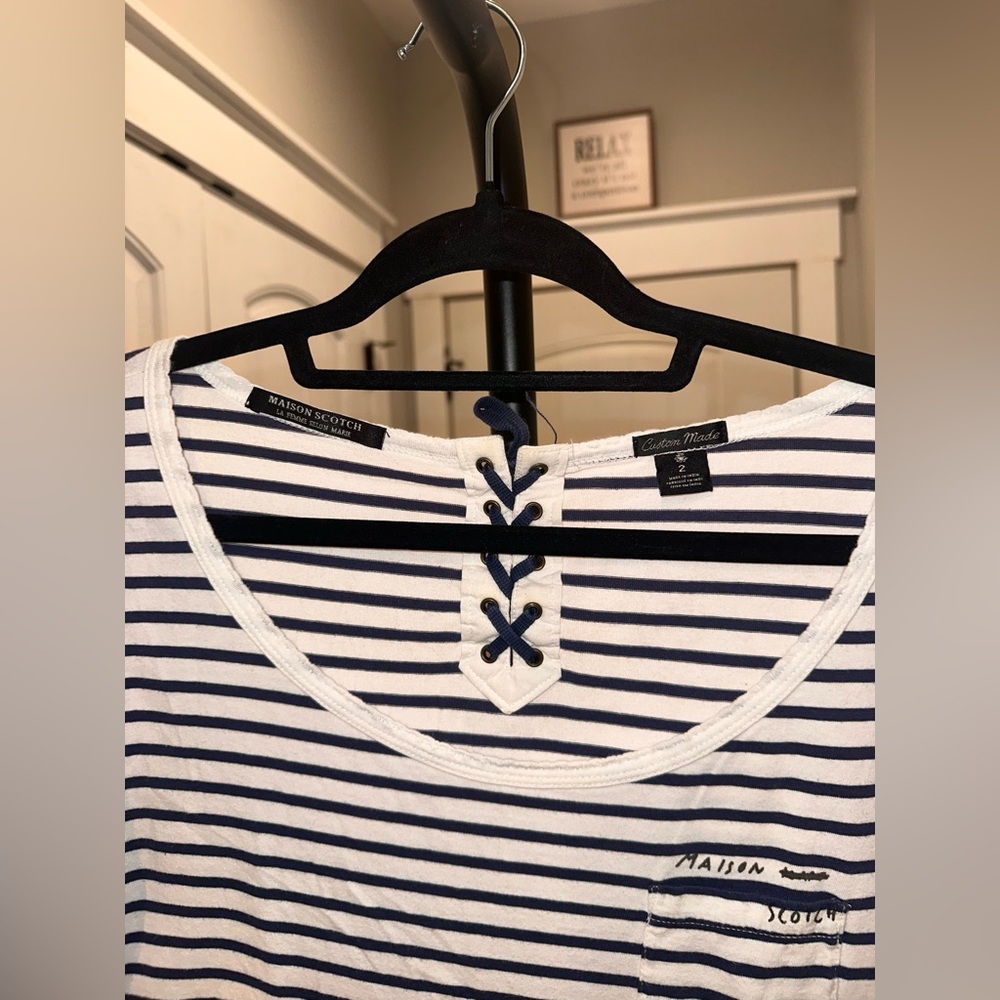 Maison Scotch & Soda Size 2 Women's Striped Top - Black and White Logo Tshirt - Picture 4 of 13